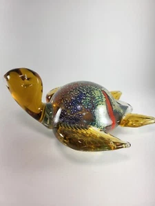 Art Glass Sea Turtle Amber Figurine Vintage Murano Style Paperweight - Picture 1 of 15