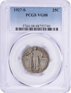 Cuarto de plata Standing Liberty 1927-S en muy buen estado 08 PCGS - Imagen 1 de 2