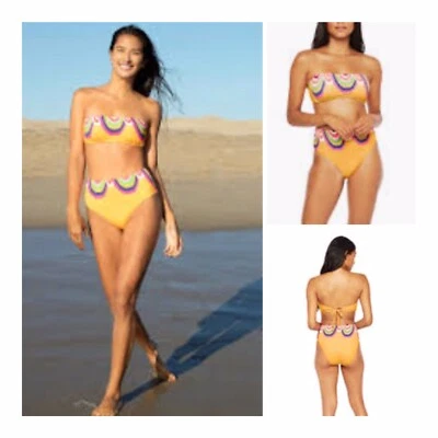 全新带标签 178 美元 Trina Turk Rainbow Swirl 尺寸 8 Bandeau 上衣和尺寸 6 高腰底部 — 第 1/4 张图片