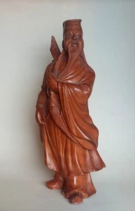 Vintage Oriental Carved Wooden Wood Boxwood Figurine Chinese Wise Man With Sword - Picture 1 of 7