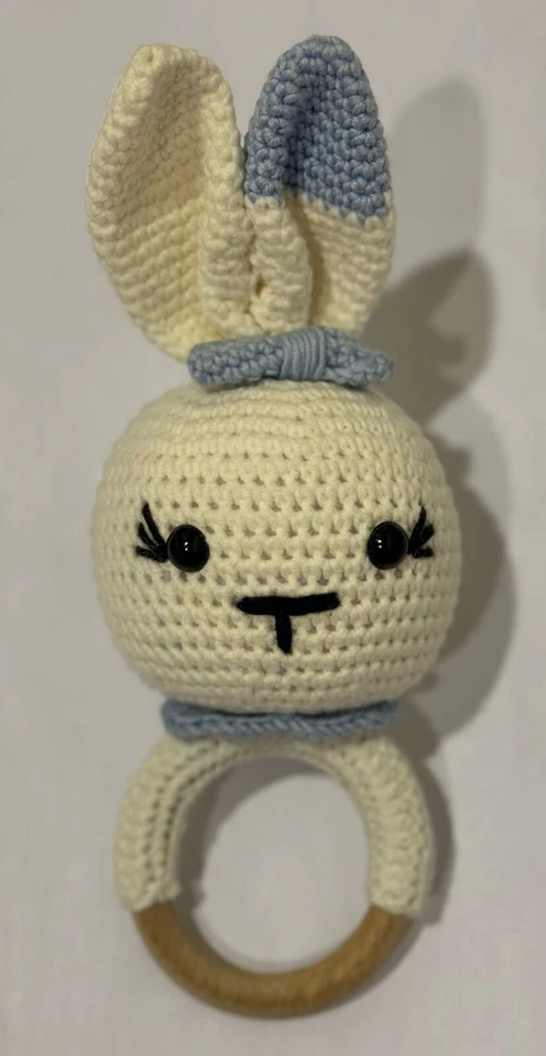 Handmade Baby Bunny Rattle with Wooden Teething Ring - Изображение 1 из 3