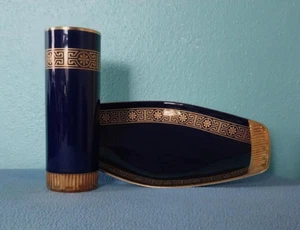 Lote de 2 jarrones y platos de cerámica vintage de cobalto real de Baviera dorado - Imagen 1 de 9