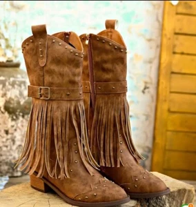 Womens Western Tassel & Studded Decor Side Zipper Chunky Heel Boots. Sz 6.5 New! - Picture 1 of 5