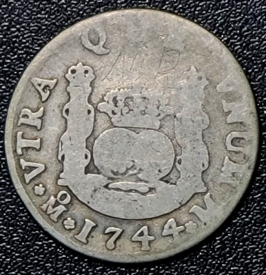 1744 MEXICO SPANISH COLONY SILVER 2 REALES - GRAFFITI DT54 - Image 1 of 4
