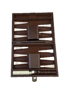 Vintage Style Brown Backgammon Game Set Faux Leather Case Complete - Picture 1 of 3