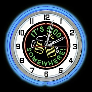 It's 5 O' Clock Somewhere Bierschild Doppel Neonuhr BLAU außen Neon 19" - Bild 1 von 2