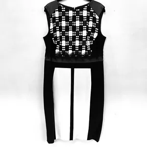 $745 Basler Black & White Tweed Lace Vegan Leather Sleeveless Sheath Dress 42 12 - Picture 1 of 12