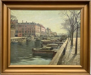 Hans Kruuse 1893-1964 Kopenhagen Promenade At City Canal View Boats Houses - Picture 1 of 16