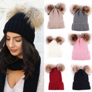 Doble PomPomInvierno Cálido Mamá + Recién Nacido Bebé Niño Niña Sombreros Tejido Bola de Pelo Gorro Gorra - Imagen 1 de 20