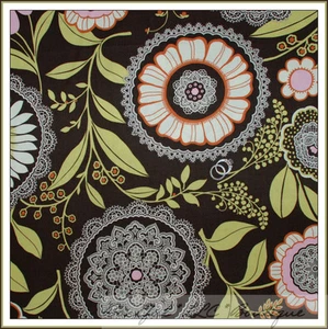 BonEful Fabric FQ Cotton Amy Butler Rowan Lotus Flower Lace Leaf Pink Brown RARE - Picture 1 of 6