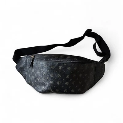 Bolso Cinturón Pollini Monograma Cintura Bolsa Negro Lona Logo Patrón Italia Foto 1 de 4