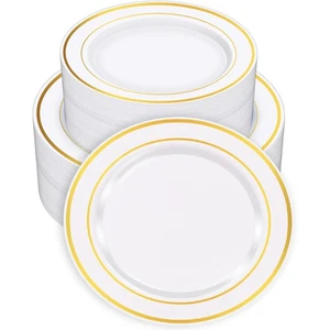 100PCS Gold Plastic Plates, Disposable Plastic Dishes with Gold Rim in Bulk, ... - Picture 1 of 9
