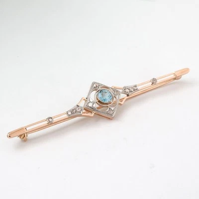 Art Deco Aquamarine Diamond Filigree Brooch 14K Yellow Gold Platinum 0.53 CTW 3" - Image 1 of 4