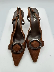Prada Brown Leather Buckle Pointed Toe Slingback High Heels Women Sz 37/ 6.5 - Picture 1 of 7