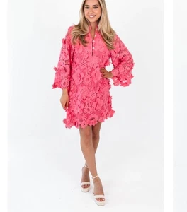 NWT $168 J Marie Seraphina Lace Dress L Pink 3D Floral Lined JM4435 Flare Slv - Picture 1 of 15