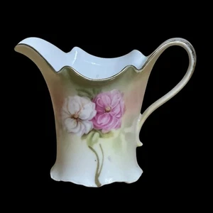 Antikes deutsches Porzellan Milchkännchen Krug handbemalt Rosen Goldrand gewellt - Bild 1 von 11