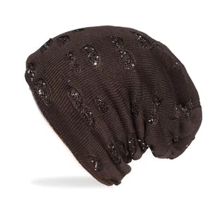 Gorro de punto para mujer marrón con lentejuelas forro interior gorro de invierno - Imagen 1 de 8