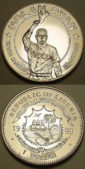 Moneda Nolan Ryan 1993 - Liberia de $1 - sin circular - séptimo sin hits Foto 1 de 1
