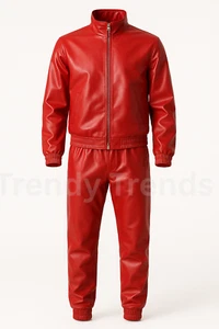 100% Sheepskin Men's Red Leather Tracksuit Set | Urban Style Streetwear Edition - Picture 1 of 2