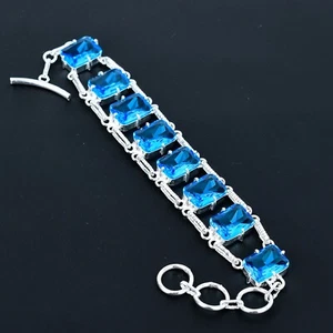 Blue Topaz Gemstone Handmade Elegant 925 Sterling Silver Jewelry Bracelet Gifts - Picture 1 of 4