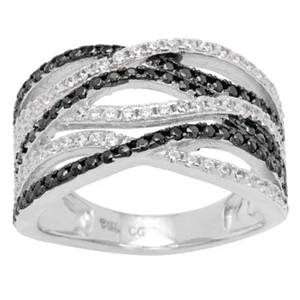 Anillo ondulado de circonio cúbico blanco y negro de plata esterlina - Imagen 1 de 6