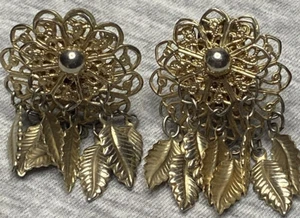 Orecchini Vintage Clip On Tono Oro Pendenti Foglie Pat. Marchio pendente 1/2" - Foto 1 di 6