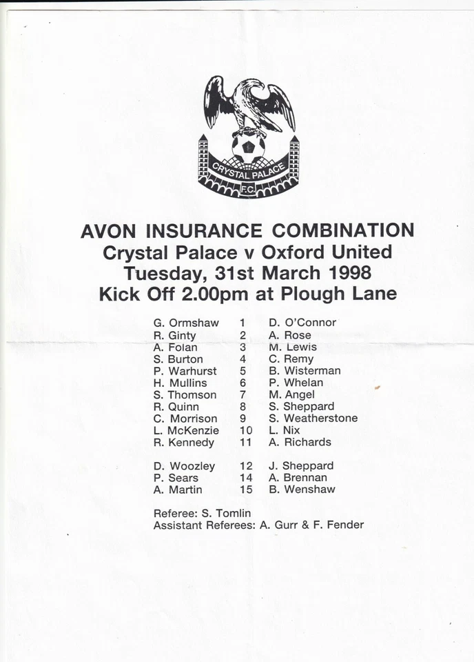 Crystal Palace v Oxford United Reserves programme 31.3.1998 - Image 1 of 1