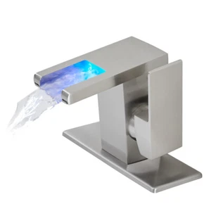 1 Hole Bathroom Sink Faucet w/3 Colors Changing LED Light&Waterfall Glass Spout - Picture 1 of 10