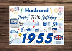 HUSBAND Happy 70th Birthday Card 1955 Memories Birth Year Facts Greetings 70 - Picture 1 of 9