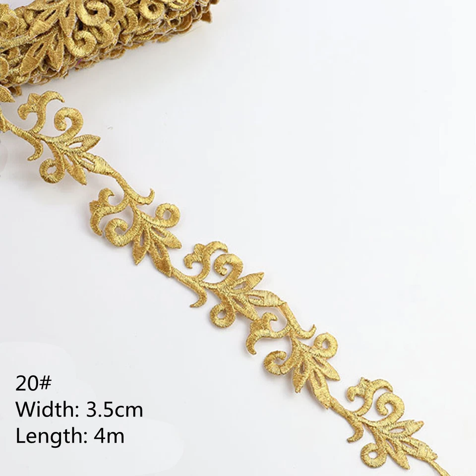 Metallic Gold Silver Ribbon Embroidered Lace Applique DIY Cosplay Costume Decor - Image 1 of 4
