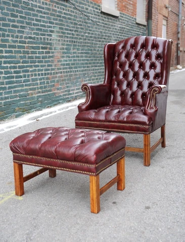 Vintage leather wingback chair with ottoman club chair oxblood tufted wood legs Cover