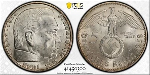 PCGS MS63 1938-A 5 Reichsmark Hindenburg J-367 Third Reich Silver Nazi Germany - Picture 1 of 3