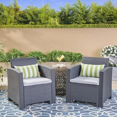 Set of 2 Outdoor Charcoal Grey Faux Wicker Club Chairs with Waterproof Cushions - Image 1 of 4