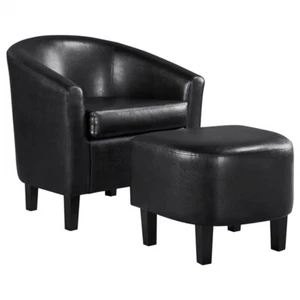 Faux Leather Club Chair and Ottoman Set Arm Chair for Bedroom Living Room Black - Picture 1 of 11