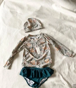 NWT Rylee and Cru blue flower field hat swimming wear suit long sleeve set 4-5y - Picture 1 of 4