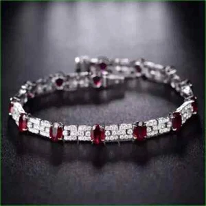 15Ct Oval Lab-Created Garnet Diamond Women Tennis Bracelet 14K Wh Gold Plated 7” - Picture 1 of 4