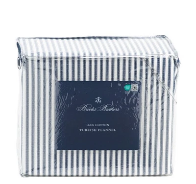 Brooks Brothers 4 PC QUEEN Sheet set Turkish Flannel Cotton Blue Stripe NEW - Image 1 of 3