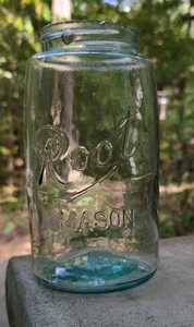 Antique Vintage Root Mason Light Blue Aqua Quart Jar, G on Bottom, Bubbles - Picture 1 of 14