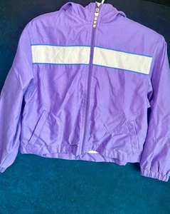 Giacca a vento scintillante vintage anni 90 con cappuccio lilla viola ragazza taglia S zip leggera - Foto 1 di 9