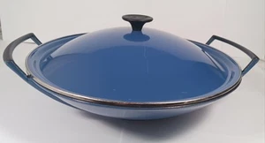 Le Creuset Enameled Cast Iron Wok Blue Handles 14" Metal Lid - Picture 1 of 7
