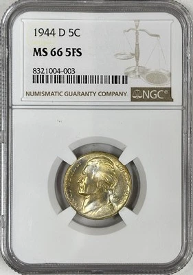 1944 D JEFFERSON SILVER NICKEL NGC MS66 FULL STEPS WAR NICKEL GOLDEN TONING - Image 1 of 2