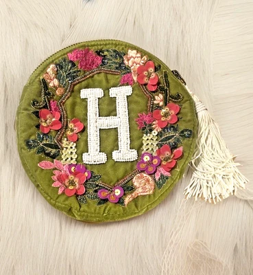 Anna Harlow Russo Anthropologie Monogram Zip Pouch Sequined Beaded “H” Green - Image 1 of 4