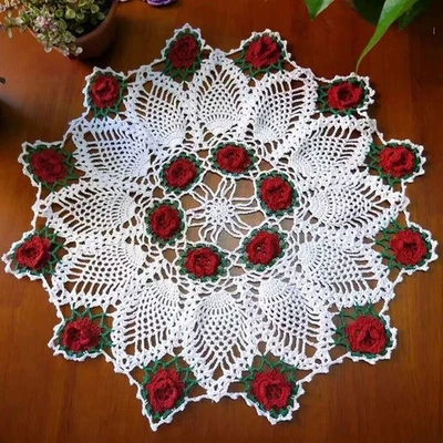 17" Red Vintage Hand Crochet Lace Doily Round Table Topper Mat Flower Tablecloth - Image 1 of 4