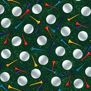BTHY Sport Golf Balls & Tees Green Grass Quilt Cotton Fabric By The HALF Yard - Picture 1 of 1