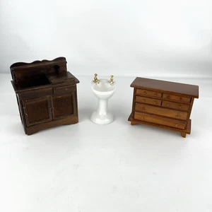 Dollhouse Lot of 3 Miniature Wooden Dressers and Porcelain Pedestal Sink - Picture 1 of 8