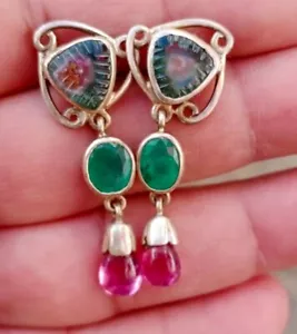 40 Cts Natural Emerald +Tourmaline 925 Solid Sterling Silver Stud Earring =1.50" - Picture 1 of 2