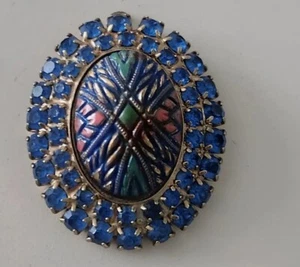 Vintage Pendant Dark Blue Rhinestone Painted Center - Picture 1 of 2