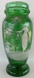 Antique Mary Gregory Vase 11.75" Green White Enamel Silhouette Victorian Woman - Picture 1 of 23