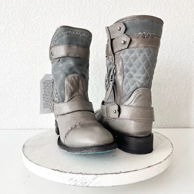 Botas Lane Para Mujer Gris Cuero Lona Media Pantorrilla Western Moto Estilo Cremallera Talla 8 Foto 1 de 4