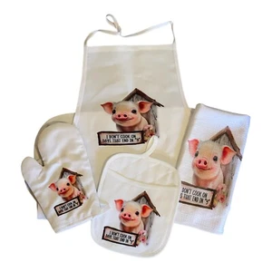 Custom Made Kitchen Set of 4~Oven Mitt~Pot Holder~Dish Towel & Apron~Pigs~Gift - Picture 1 of 3